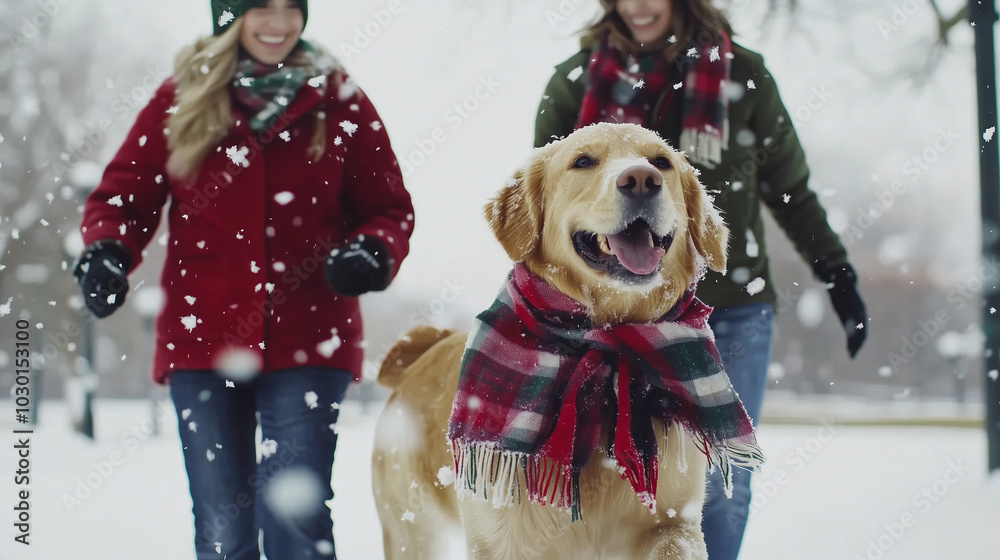 Golden retriever running with owners in the snow, wearing plaid scarf.