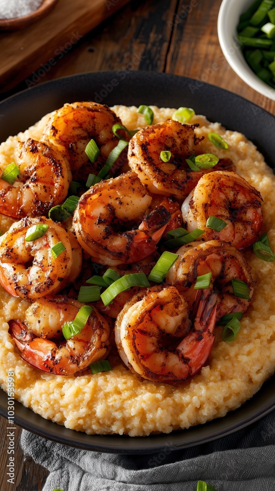 Close-up of shrimp and grits Southern classic food photography vertical format Close-up of shrimp and grits Southern classic food photography vertical format