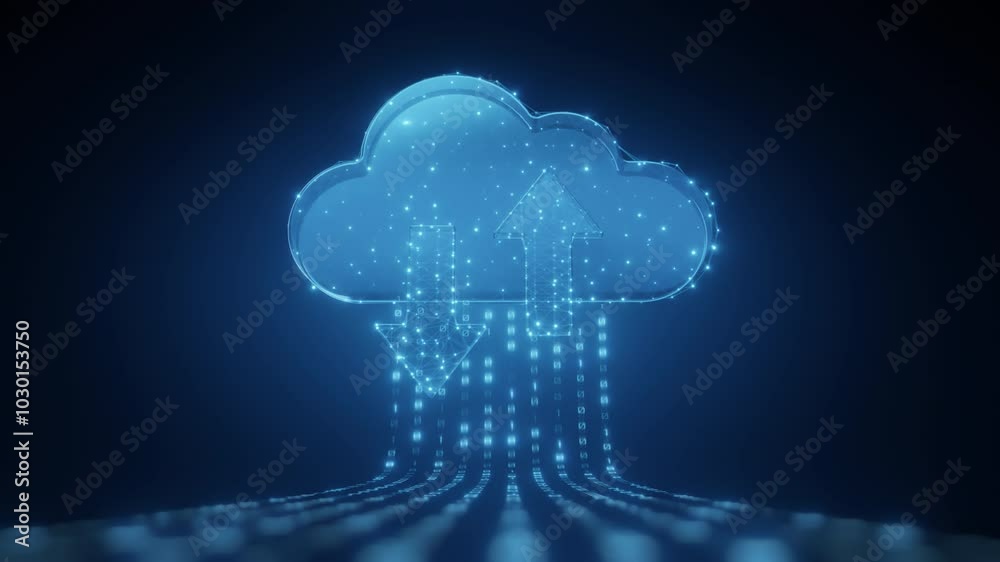 Glowing digital cloud with binary code and arrows symbolizing cloud computing, data transfer, storage, and online services in a futuristic setting.