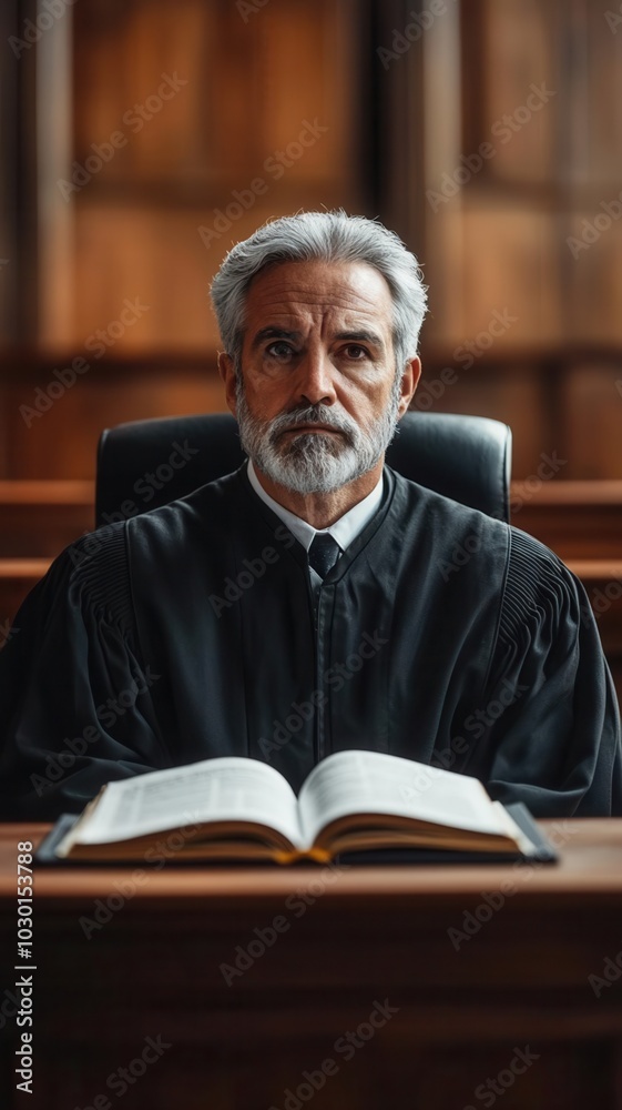 Judge sitting in a courtroom, with a law book open on the table, looking serious Judge sitting in a courtroom, with a law book open on the table, looking serious