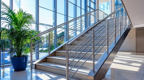 Modern staircase in a glass building with large windows and natural light.