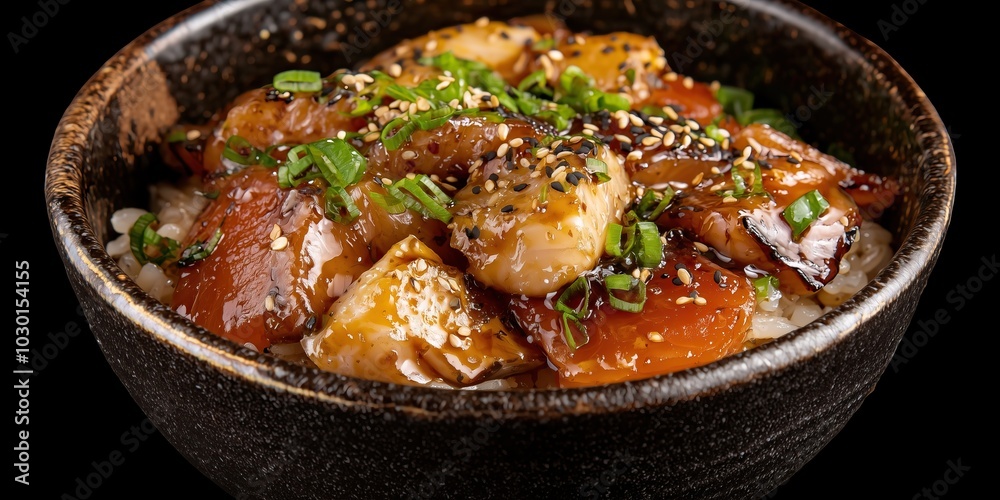 Close-up of bowl of teriyaki fish with rice, sesame seeds, and green onions food photography Close-up of bowl of teriyaki fish with rice, sesame seeds, and green onions food photography