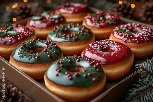 Festive Christmas doughnuts decorated with holly, mistletoe, green and red glaze , and pine cone designs, presented in a box