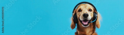 Cute dog wearing a customer support headset, soft blue background, focus on the dogs attentive face photo