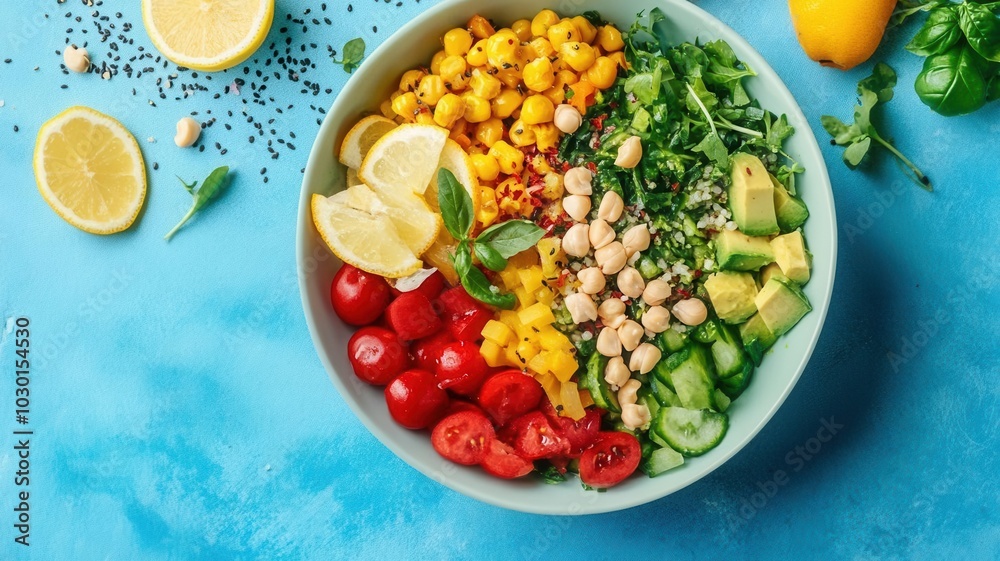 Flat lay of a vibrant vegan meal bowl with fresh ingredients, Green Monday, clean eating and plantbased food Flat lay of a vibrant vegan meal bowl with fresh ingredients, Green Monday, clean eating and plantbased food