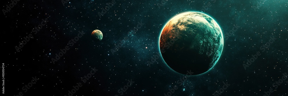 Fototapeta premium One red moon orbiting a green planet in outer space.