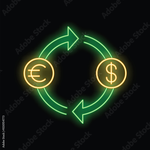 Neon green glowing exchange rate is converting euro sign to dollar sign in circle on a black background
