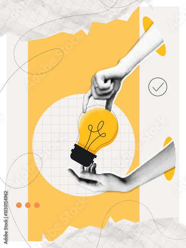 Trendy Halftone Collage Two Hands holds lightbulb. Creative mind or brainstorm. Create creative idea concept. Business solutions. Think outside the box. Marketing time. Contemporary vector art