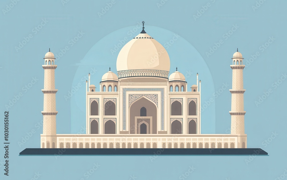 Naklejka premium A flat vector illustration of the Taj Mahal, capturing its stunning architecture against a vibrant sky backdrop, highlighting the mosque's intricate details and surroundings