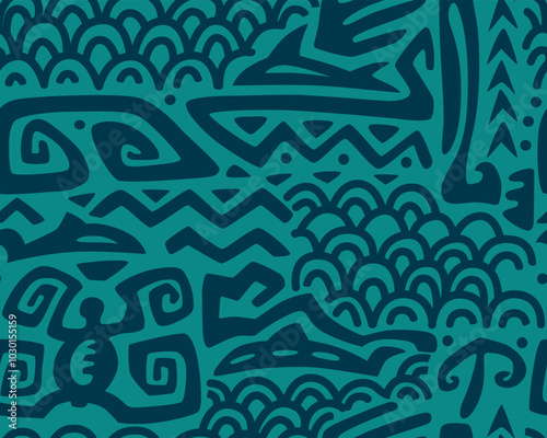 Tiki seamless pattern. Aztec textile print.Geometric, vector background. Suitable for printing on fabric and paper, for Hawaiian parties. 
