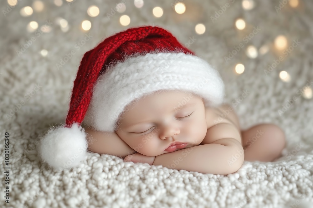 New Year and Christmas postcard featuring a baby in a Christmas hat sleeping on a festive lights background . New Year and Christmas postcard featuring a baby in a Christmas hat sleeping on a festive lights background .