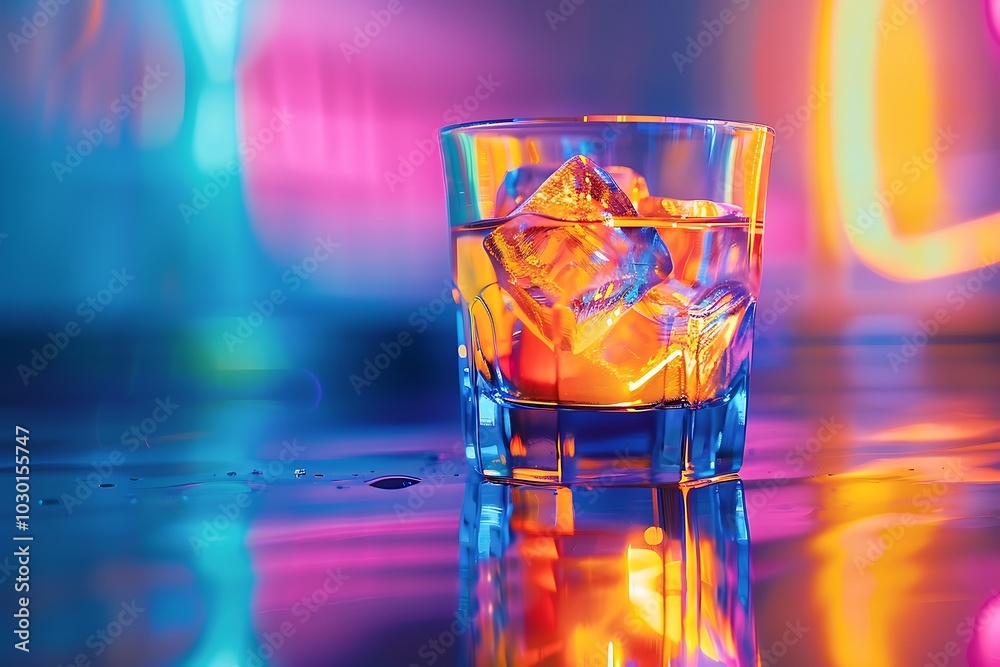 Cocktail with orange and ice cubes on a colorful background. Cocktail with orange and ice cubes on a colorful background.