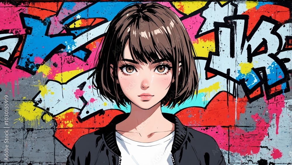 Beautiful stylish anime girl on a background of bright graffiti. Dynamic cool background, desktop wallpaper.