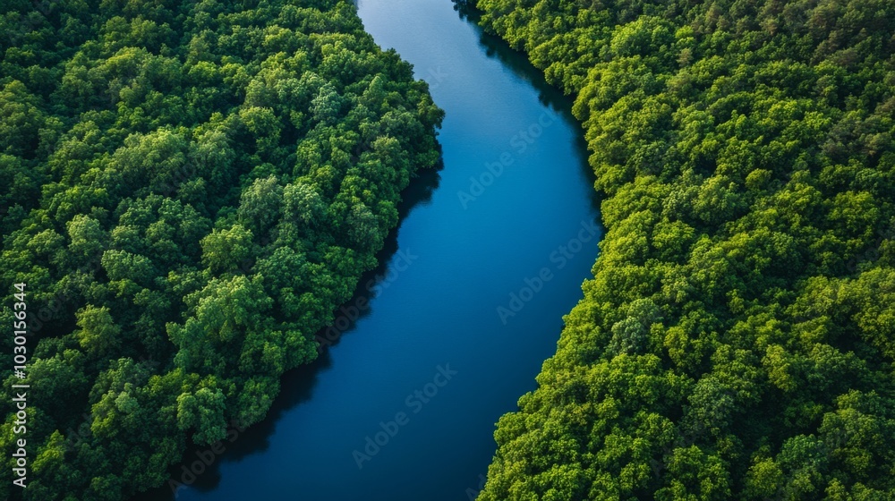 Aerial View of Serene River Through Lush Forest Aerial View of Serene River Through Lush Forest