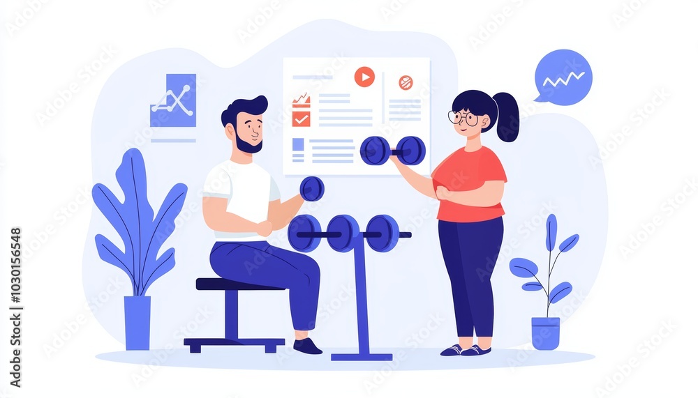 A personal trainer guiding a client through a workout in a modern gym, with exercise equipment and motivational posters in the background A personal trainer guiding a client through a workout in a modern gym, with exercise equipment and motivational posters in the background
