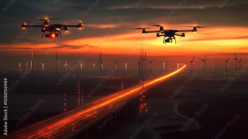 Fototapeta premium Drones Soaring Above Wind Turbines at Sunset A Stunning View of Modern Technology and Nature's Beauty