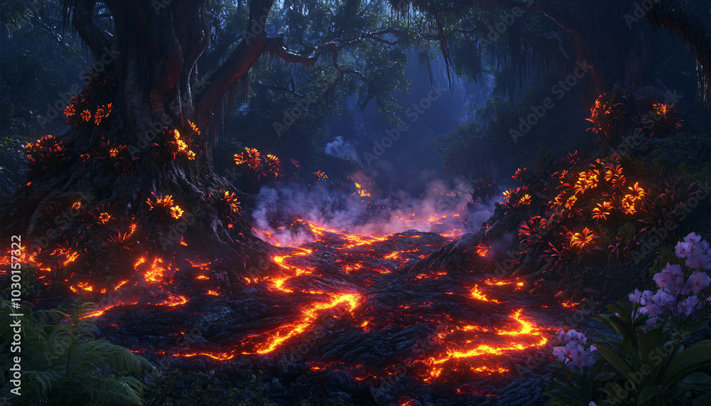 A dense jungle growing on an active volcanic landscape, where glowing lava flows through the roots and vines of enormous plants A dense jungle growing on an active volcanic landscape, where glowing lava flows through the roots and vines of enormous plants