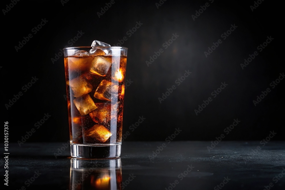 Minimalist glass of cola with ice cubes isolated on black background with clipping path Minimalist glass of cola with ice cubes isolated on black background with clipping path