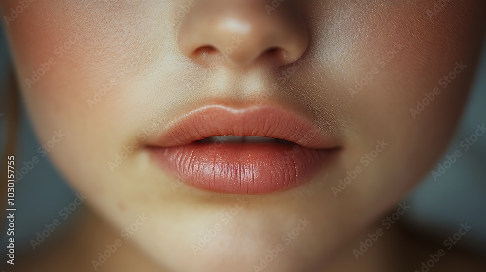 Closeup shot of a woman with natural, taper lips and a prominent long medial philtrum, showcasing the beauty of natural lip features. Closeup shot of a woman with natural, taper lips and a prominent long medial philtrum, showcasing the beauty of natural lip features.