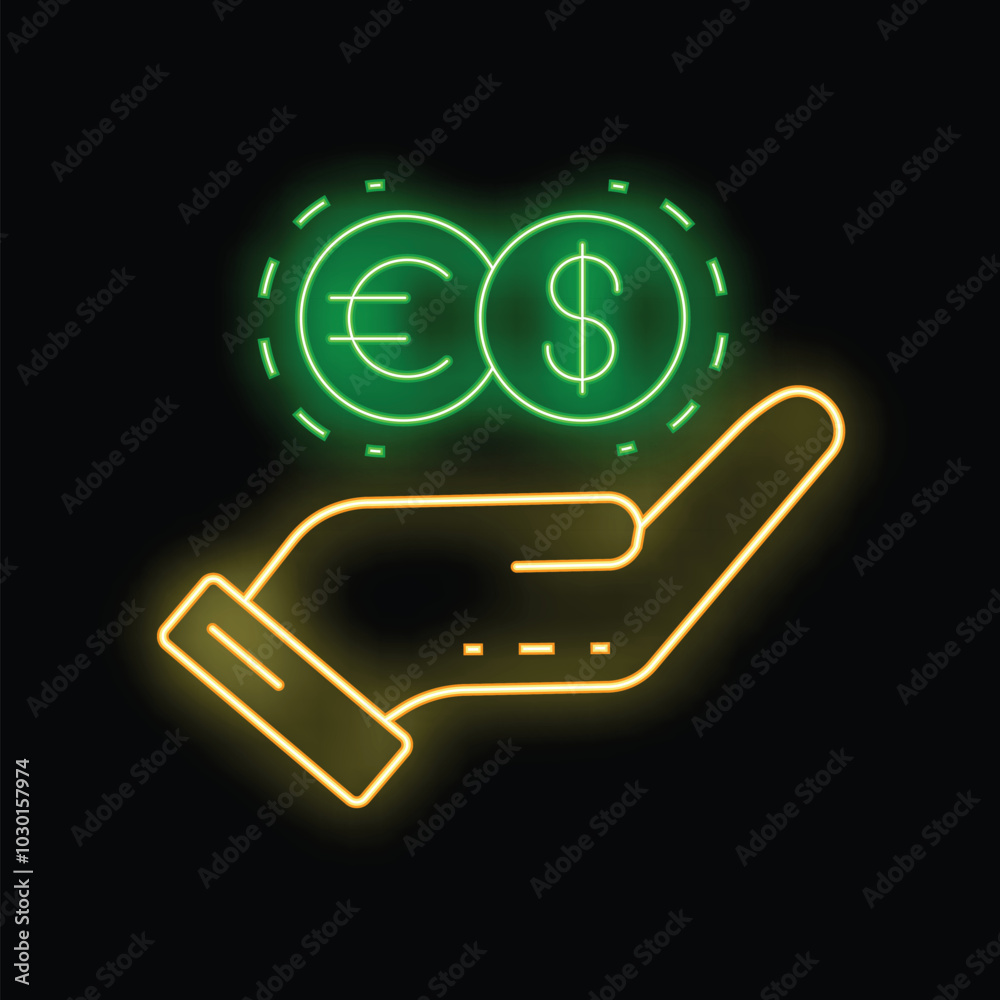 Neon signboard style illustration of a hand holding euro and dollar coins, representing the concept of currency exchange Neon signboard style illustration of a hand holding euro and dollar coins, representing the concept of currency exchange