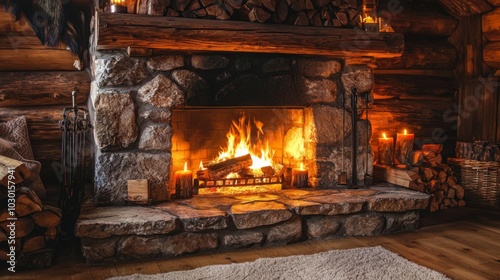 Rustic stone fireplace in a mountain cabin