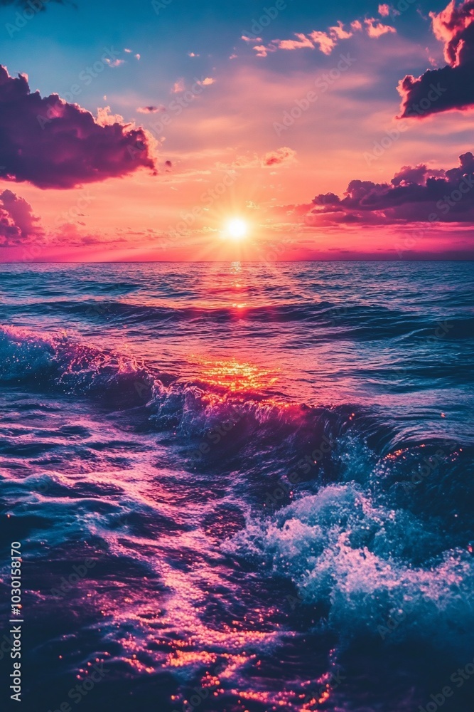 Vibrant sunset over the ocean with waves crashing on the shore. Vibrant sunset over the ocean with waves crashing on the shore.