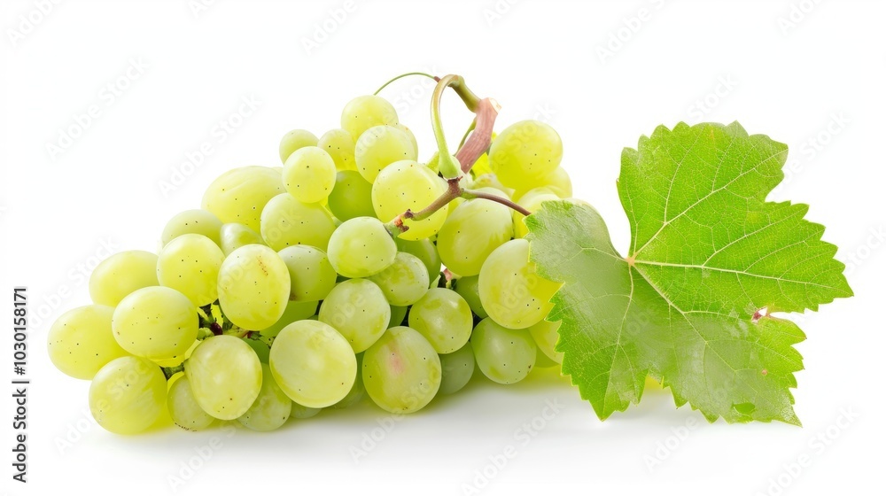 Vibrant Bunch of Green and Yellow Grapes with Leaf on a White Background Vibrant Bunch of Green and Yellow Grapes with Leaf on a White Background