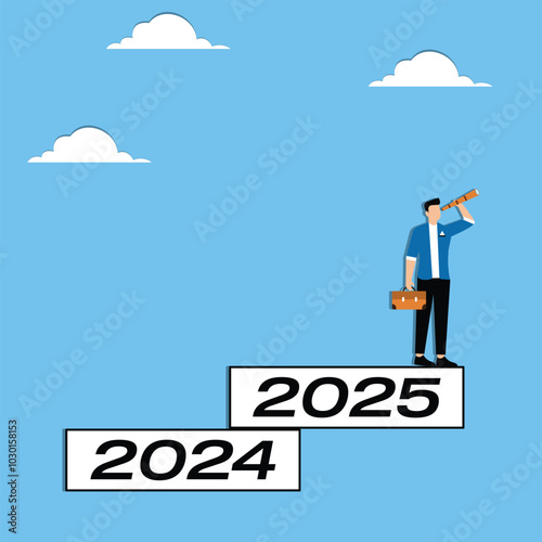 Businessmen from 2024 to 2025 use telescopes to find targets