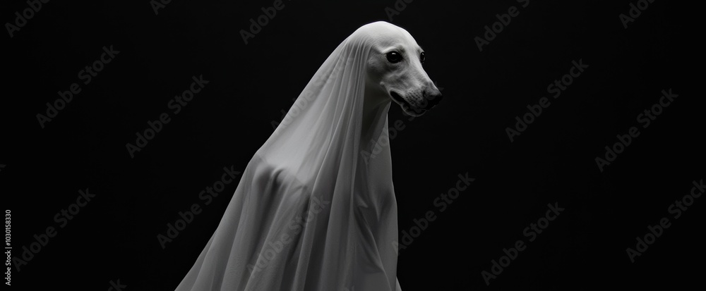 A wide-eyed dog dressed in a playful white ghost costume, with 'THIS IS MY GHOST COSTUME' above, all against a black background A wide-eyed dog dressed in a playful white ghost costume, with 'THIS IS MY GHOST COSTUME' above, all against a black background