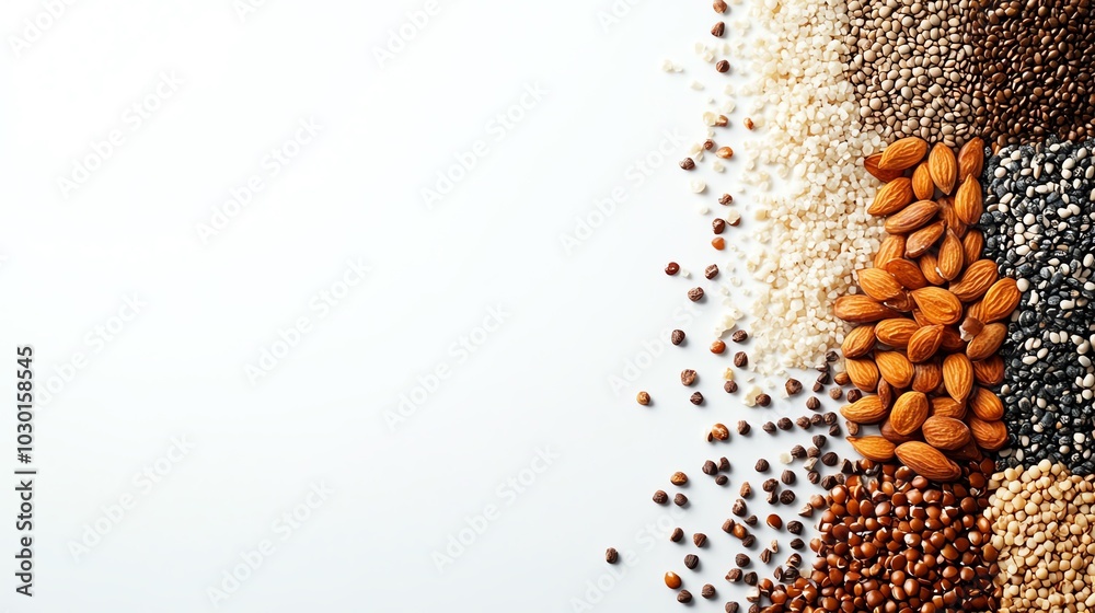 Assorted seeds, leftside negative space, white backdrop, 3D illustration Assorted seeds, leftside negative space, white backdrop, 3D illustration