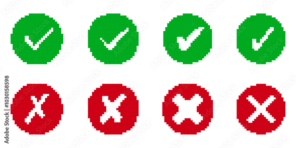 Circular Green Checkmark and Red Cross Pixel Icon Set. Retro Pixelated Round Symbols for Correct and Incorrect Actions. Isolated Vector Illustration Circular Green Checkmark and Red Cross Pixel Icon Set. Retro Pixelated Round Symbols for Correct and Incorrect Actions. Isolated Vector Illustration