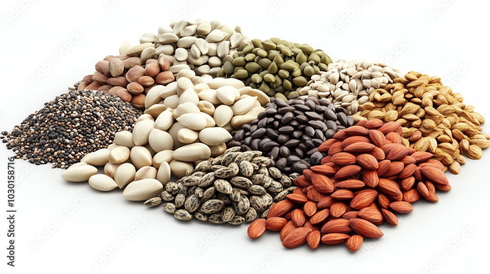 Naklejka premium Different seed types, central void, white background, 3D illustration