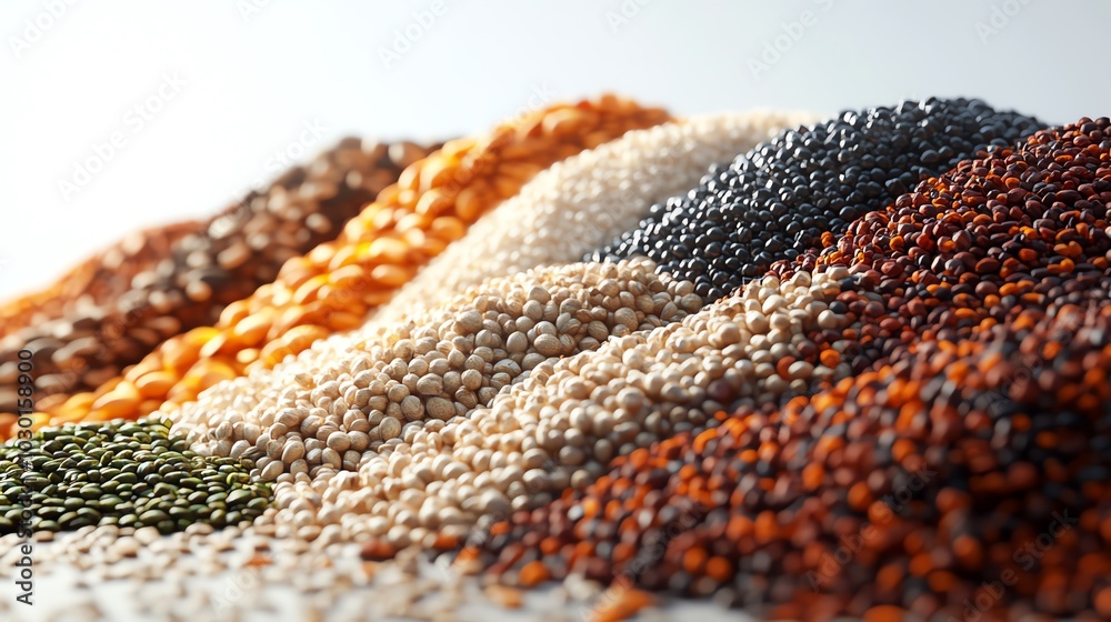Diverse seeds, rightside emphasis, minimal white background, 3D illustration