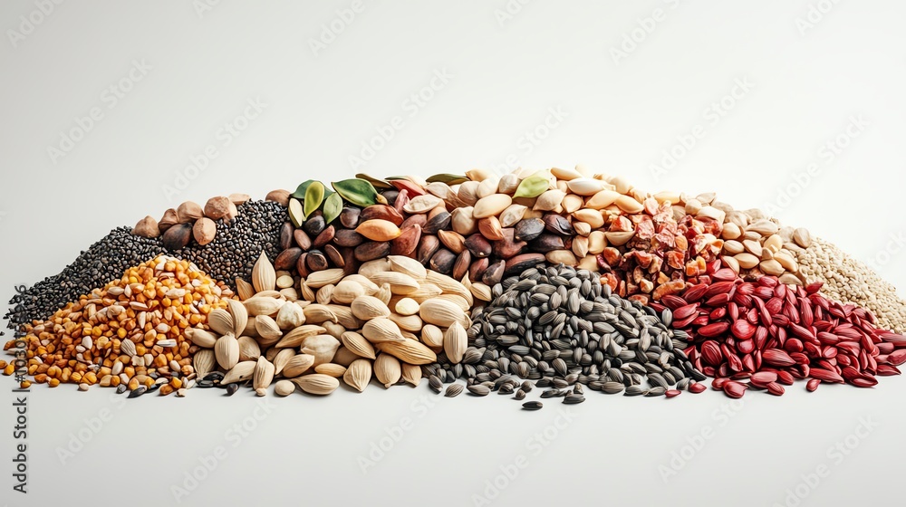 Obraz premium Mixed seeds, balanced arrangement, white background, 3D illustration