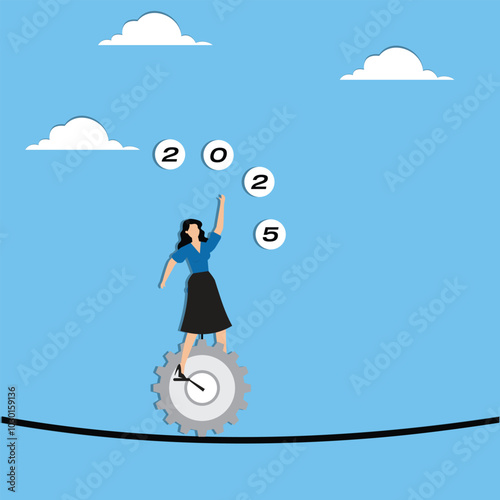 Businesswoman performs acrobatics with 2025 on the wire rope