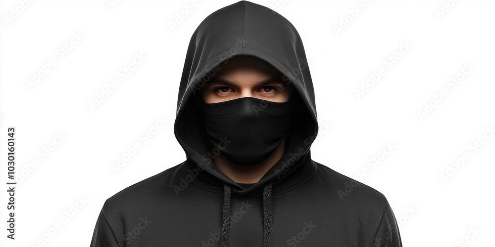 A mysterious figure in a black hoodie and mask. The hood casts shadows, creating a sense of intrigue. This image fits urban, edgy styles and themes of anonymity. AI