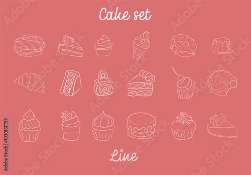 Vector set of white line sweet doodles on pink. Editable Stroke. Includes popular dessert dishes pie, cake, cookies and ice cream. pancakes, panna cotta cheesecake biscuit.