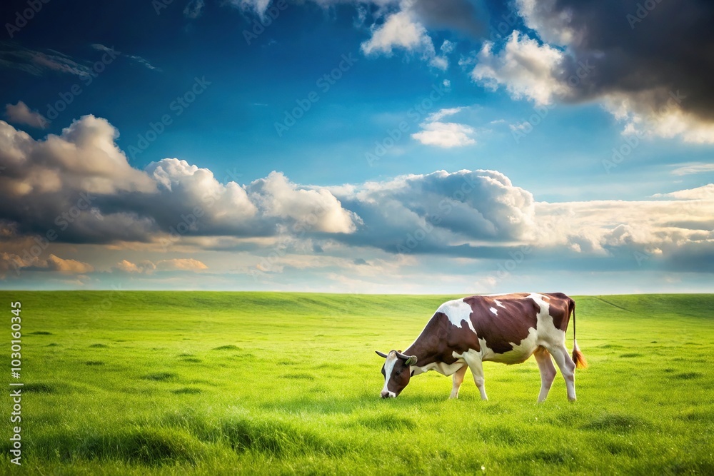 Minimalist landscape with cow grazing in meadow Minimalist landscape with cow grazing in meadow