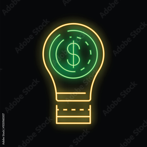 Neon light bulb glowing with dollar sign inside representing profitable ideas and business solutions