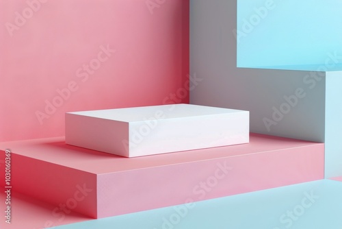 Blank business cards resting on a colorful pink and blue background in a modern setting