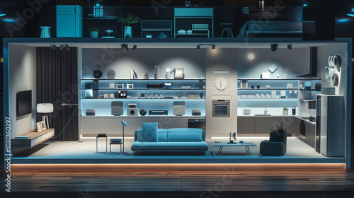 Immersive Smart Home Experience, IoT Integration, Connected Devices Overview, Low-Angle Panoramic View, Technology-Infused Living Space