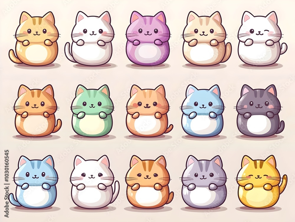 A collection of 18 adorable cartoon cats with different colors and expressions. A collection of 18 adorable cartoon cats with different colors and expressions.
