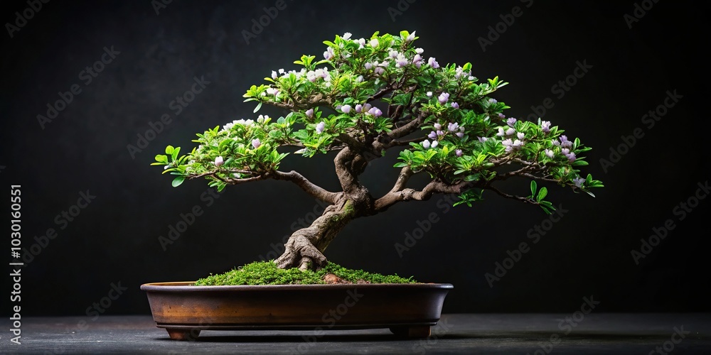 Minimalist leafy bonsai with small green leaves and small white and violet flowers on a black background Minimalist leafy bonsai with small green leaves and small white and violet flowers on a black background