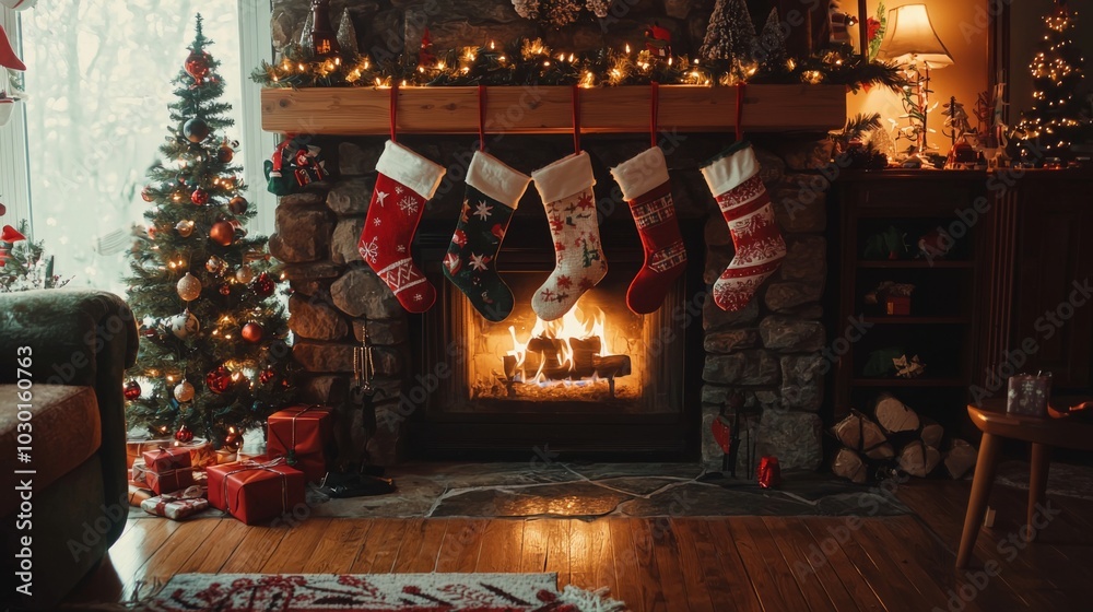 Stockings hanging by the fireplace for the Christmas holiday Stockings hanging by the fireplace for the Christmas holiday