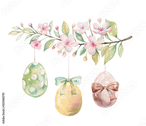 Easter painted eggs hanging on a blossoming cherry tree branch. Hand drawn watercolor illustration photo