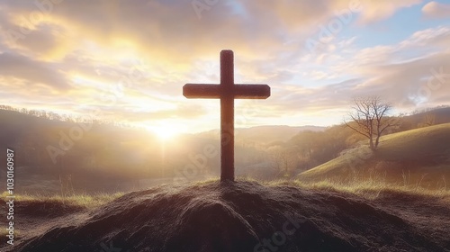 Wooden Cross Silhouette On A Hilltop At Sunrise, A Symbol Of Faith, Hope, And New Beginnings.