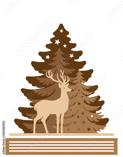 Christmas Scene laser cut template, Winter scene vector illustration 