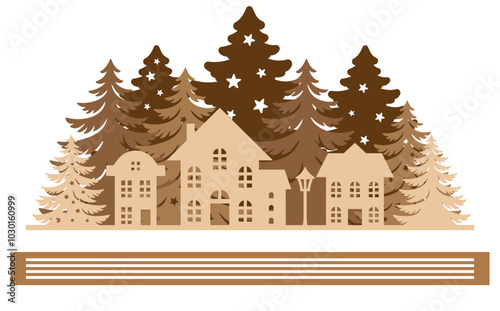Christmas Scene laser cut template, Winter scene vector illustration 