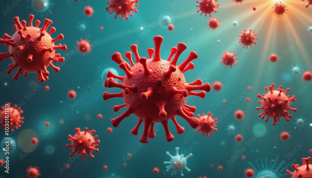 3D visualization of viral particles in a dynamic blue background 3D visualization of viral particles in a dynamic blue background
