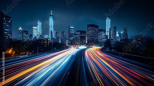 Fototapeta Naklejka Na Ścianę i Meble -  A city skyline at night with light trails from cars driving on the streets
